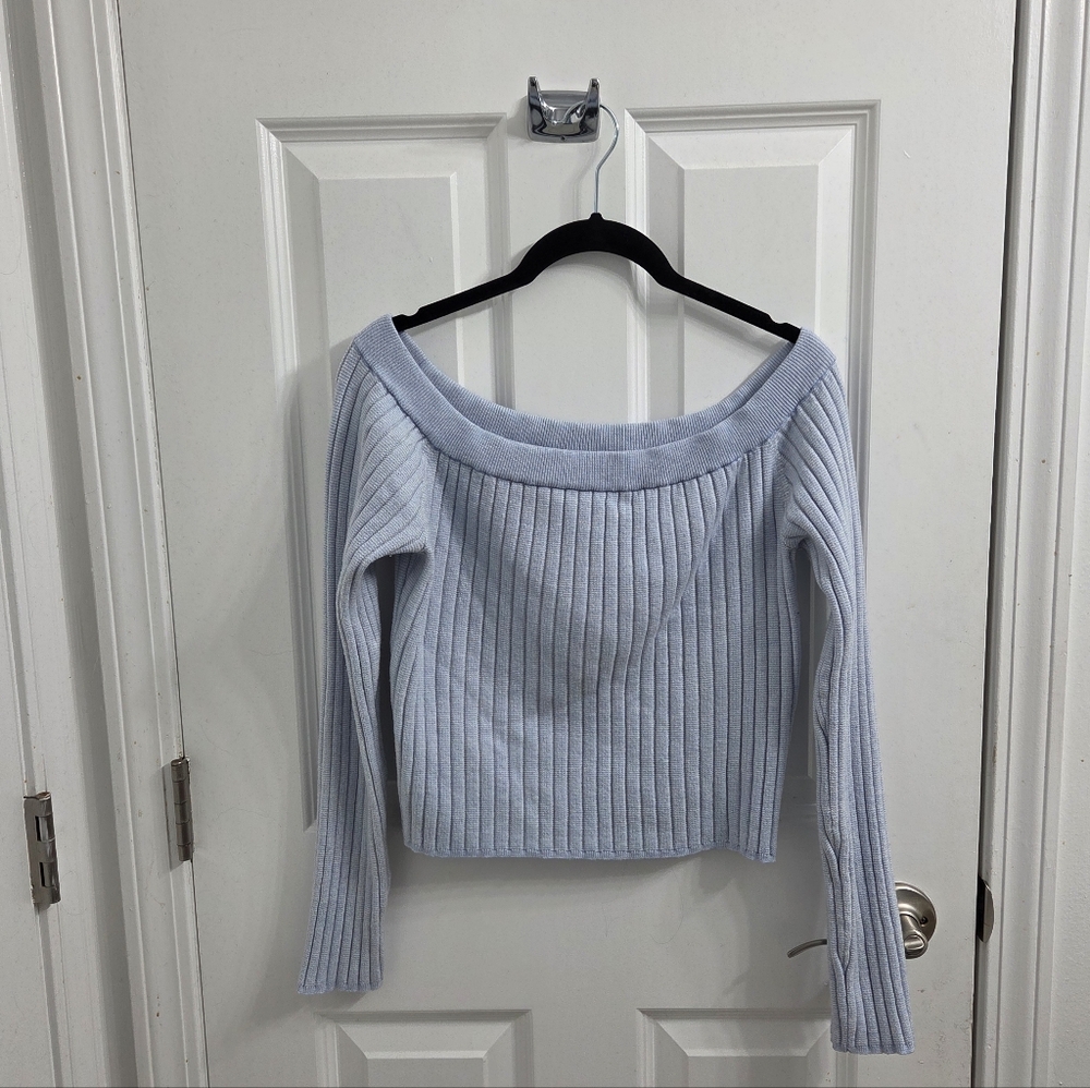 Aerie Sky Blue Off-Shoulder Cropped Sweater